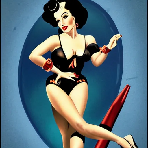 Image similar to a retro sci - fi pinup illustration of dita von teese in the style of alberto vargas.