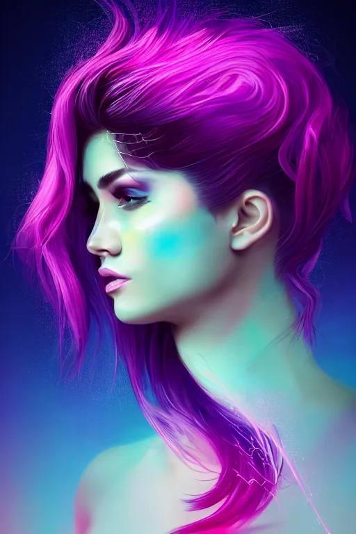 Image similar to a award winning half body porttrait of a beautiful woman in a croptop with ombre purple pink teal hairstyle with head in motion and hair flying, outrun, vaporware, shaded illustration, digital art, trending on artstation, highly detailed, fine detail, intricate