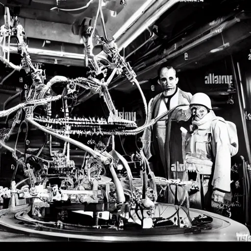 Image similar to scientists discovering an alien war machine inside a lab, 1 9 2 0's sci - fi, black and white, 8 k, highly ornate intricate details, extreme detail,