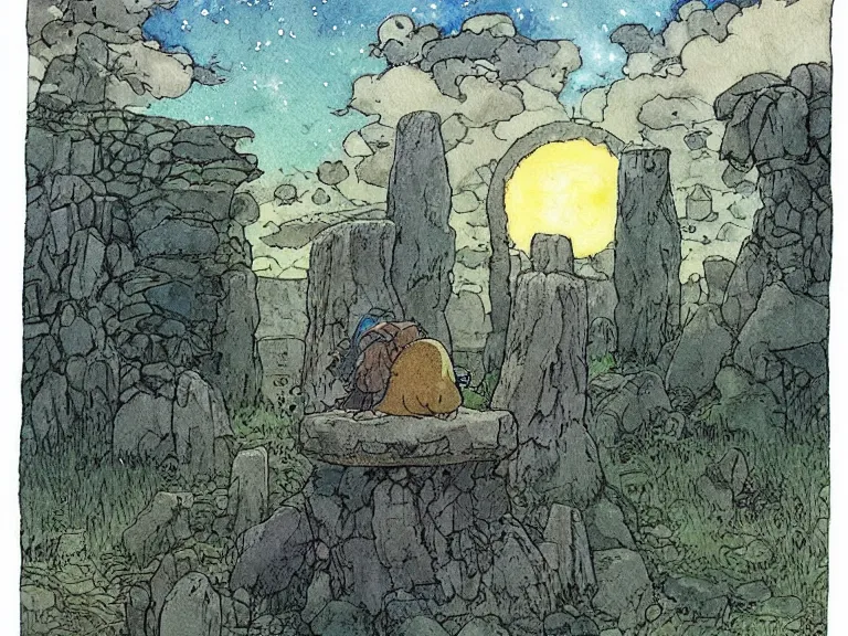 Image similar to a simple watercolor studio ghibli movie still fantasy concept art of a giant wizard playing in a tiny stonehenge. it is a misty starry night. by rebecca guay, michael kaluta, charles vess