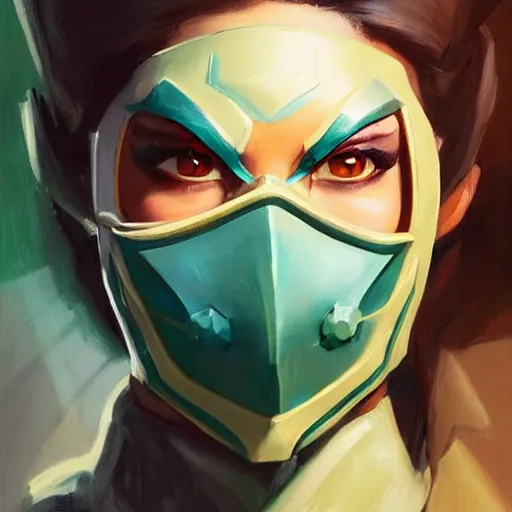 Prompt: greg manchess portrait painting of jade from mortal kombat wearing a half mask as overwatch character, medium shot, asymmetrical, profile picture, organic painting, sunny day, matte painting, bold shapes, hard edges, street art, trending on artstation, by huang guangjian and gil elvgren and sachin teng