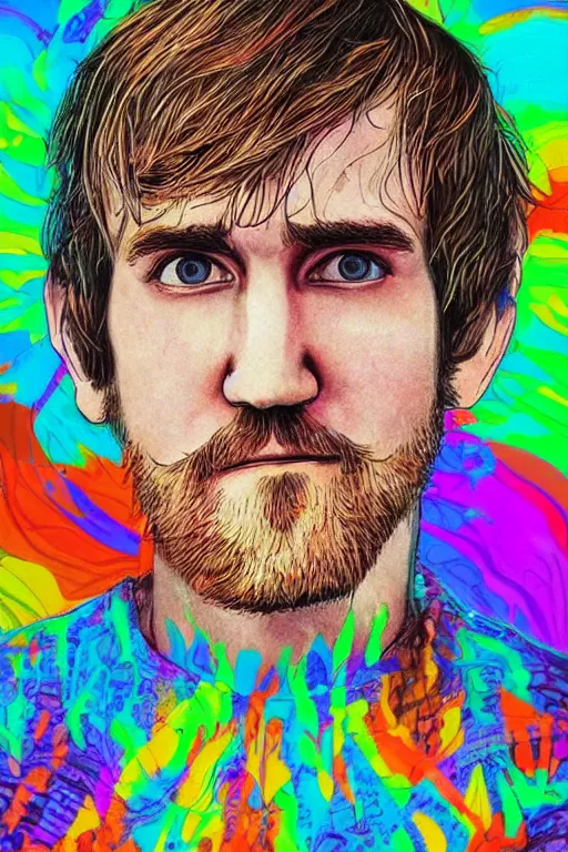 Image similar to inspirational style hope poster of bo burnham with beard, psychedelic colors, highly detailed, realistic, loving