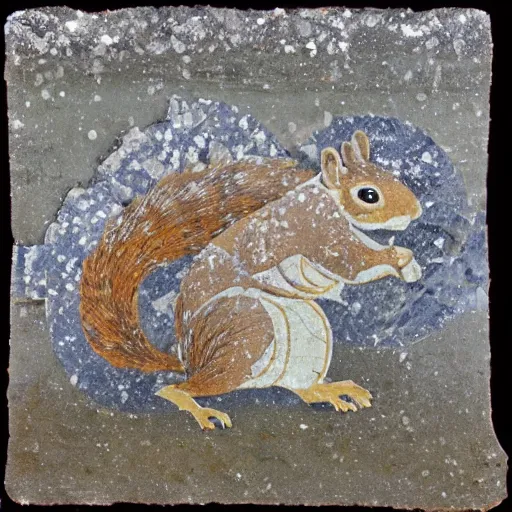 Prompt: a squirrel skiing on the surface of ice with funny motion, in the style of Roman mosaic