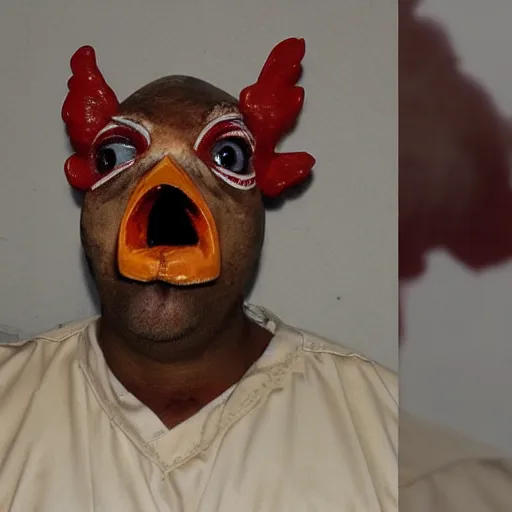 Prompt: an inmate has a chicken head instead of its own head