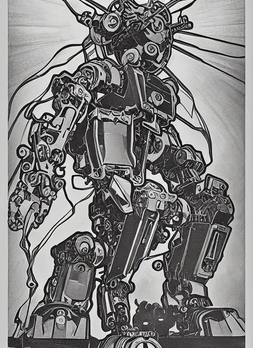 Image similar to mecha robot warrior by Alphonse Mucha