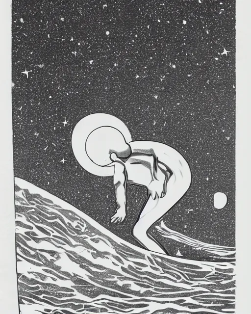 Prompt: a man made of silver surfing the cosmos