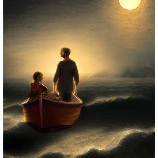 Image similar to man and daughter in a small boat on a rough sea late at night, moonlight reflections across water, hyper realism, high detail, deep aesthetic, rich colors, 4k, highly ornate intricate details,