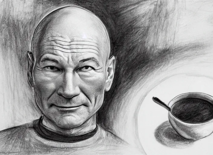 Image similar to a charcoal drawing of patrick stewart sitting in a big bowl of beef stew