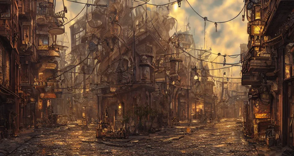 Prompt: steampunk city streets by guido borelli da caluso, junk everywhere, wires hanging, atmospheric, dramatic lighting, octane render trending on artstation