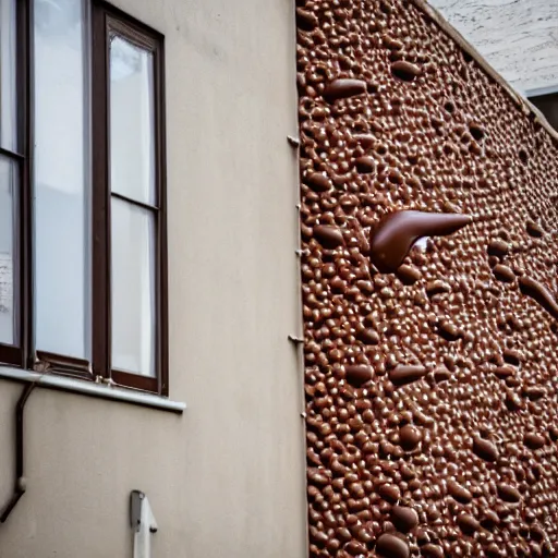 Image similar to a wall of a building with a stream of chocolate milk coming out from the windows