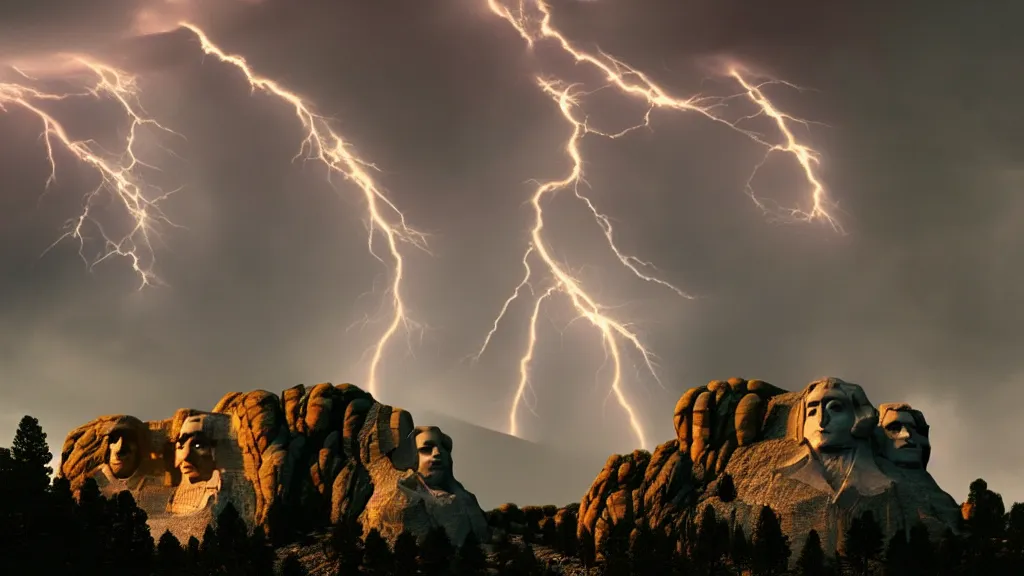 Prompt: mount rushmore but all the faces are guy fiery, lightning, storms, volumetric lightning by eugene von guerard, ivan shishkin, dramatic lighting, concept art, trending on artstation, 8 k