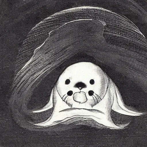 Image similar to a baby harp seal demon, radiating dark aura, Japanese ink drawing from 1850