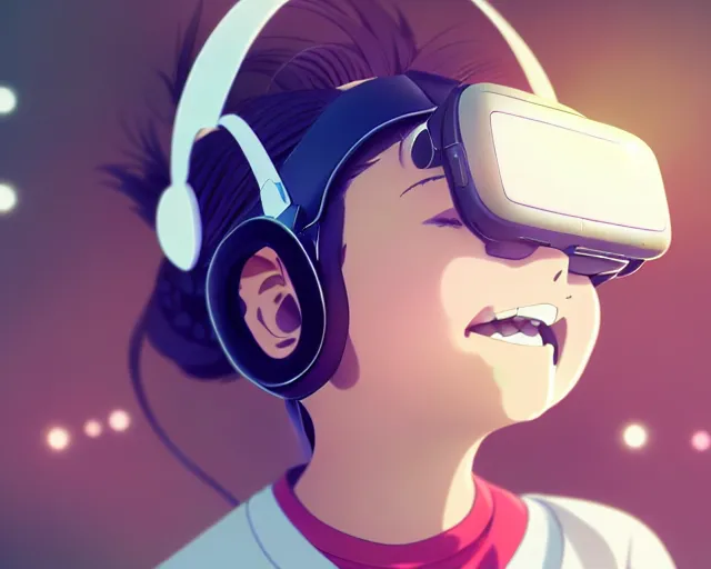 Image similar to anime fine details portrait of joyful girl in vr headset in school, bokeh. anime masterpiece by Studio Ghibli. 8k render, sharp high quality anime illustration in style of Ghibli, artstation