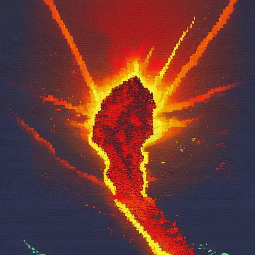 Prompt: lava raining down from sky onto ocean, beautiful detailed pixelart by albertov, intricate details, beautiful, dithered gradients, volumetric lighting, cgsociety, artstation, smooth, sharp focus, 2 d illustration, amazing art by dan mumford, old school computer game graphics, crpg, d & d, pixel art