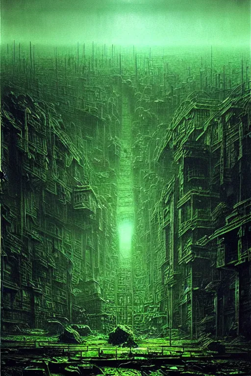 Image similar to glowing green crystals irradiating infested city, wasteland, survival post - apocalyptic, ruined tanks, beksinski