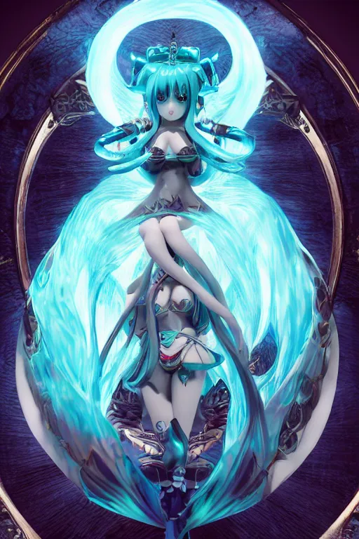 Prompt: an ultra detailed 3 d render of the voluptuous and thicc god empress hatsune miku as an elden ring boss, epic anime fantasy, 8 k, in the style of a fantasy metal album cover and magic the gathering, volumetric lighting, smooth, highly detailed, digital illustration, octane render, art by albert bierstadt and greg rutkowsi, artstation