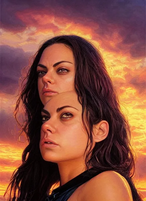 Image similar to Mila Kunis wearing black choker, epic portrait of a very strong muscled Amazon heroine, sun beams across sky, pink golden hour, stormy coast, intricate, elegance, highly detailed, shallow depth of field, epic vista, concept art, art by Artgerm and Donato Giancola, Joseph Christian Leyendecker