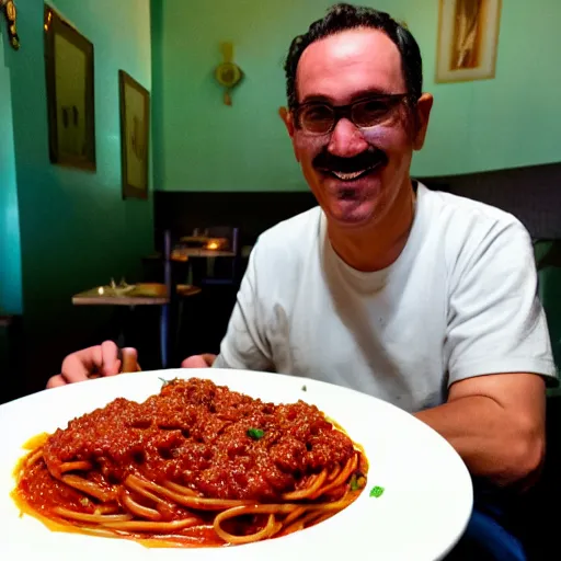 Prompt: Luigi at the restaurant with a plate of bolognese spaghetti