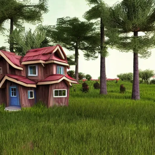 Image similar to funny house, 3d, rendering, realistic, forest, pixar and disney style