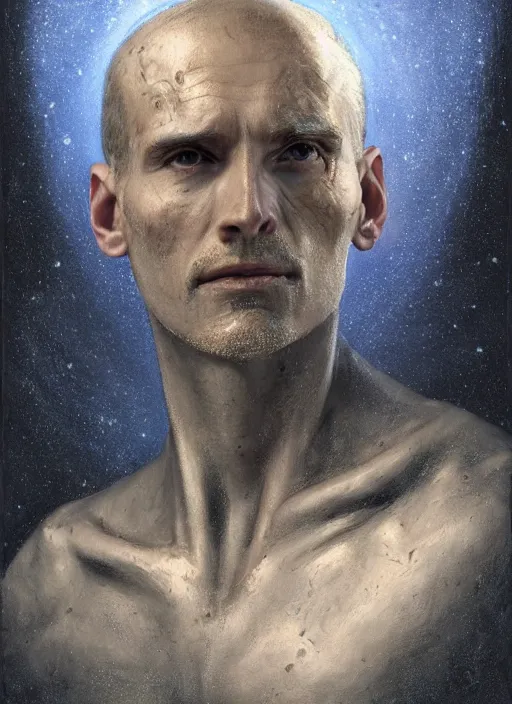Image similar to portrait of the engineer from prometheus. iceland black sand background. by anne stokes and larry elmore, smooth shaven face, lucian freud and drew struzan, detailed matte painting, realistic portrait, symmetrical, highly detailed, digital painting, artstation, concept art, smooth, sharp focus, illustration, cinematic lighting, 8 k resolution