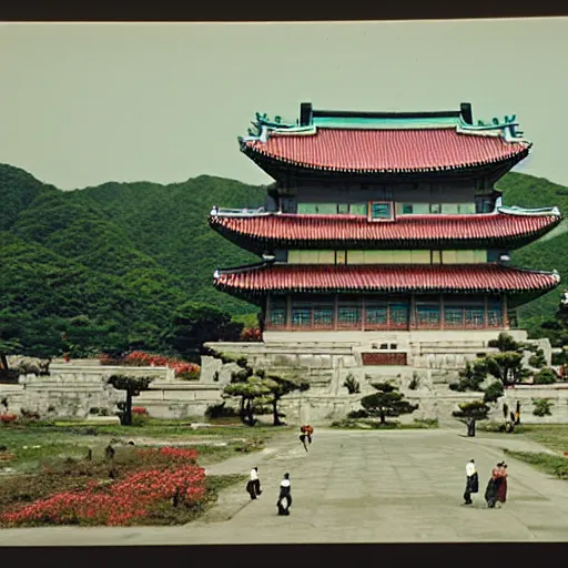 Image similar to a Kaiju Pulgasari overshadowing a Korean palace, Kodachrome 35mm cinemascope, Kim Jong-il production