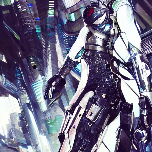 Image similar to girl wearing full suit of cyberpunk armor, intricate armor design, shigenori soejima illustration, heavy lineart, oil on canvas