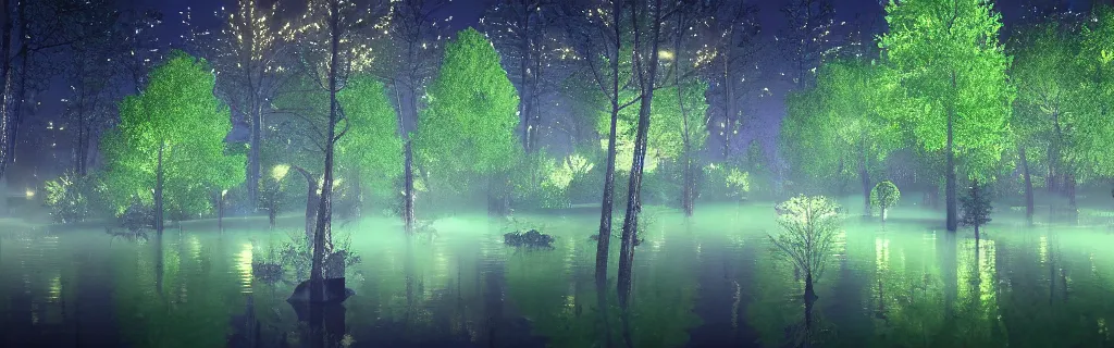 Image similar to fantasy forest of glowing trees and glowing flying insects, a lake reflecting the lights, myst on the air, cinematic feel, hyper realistic, high detail, blender render .