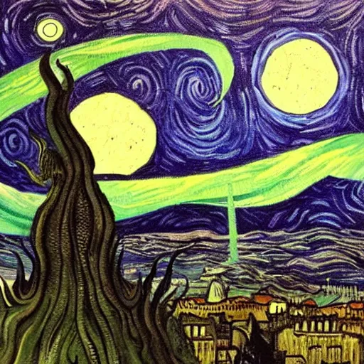 Image similar to Man sees Cthulhu coming from the night sky of a city, oil painting, illustrated by Vincent van Gogh