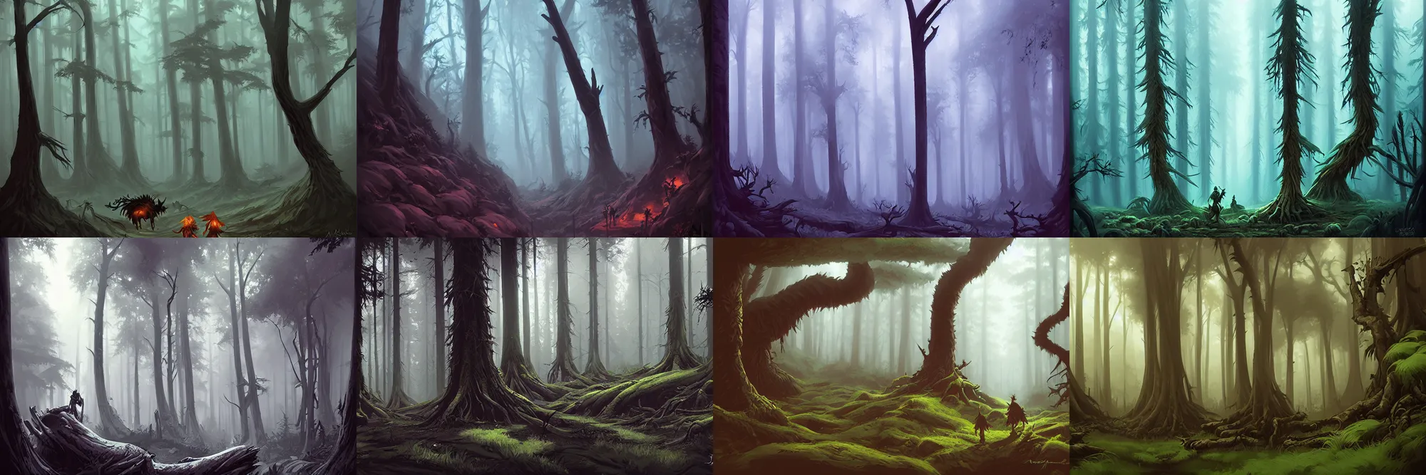 Prompt: dark forest with huge dead jungel trees by Andreas Rocha