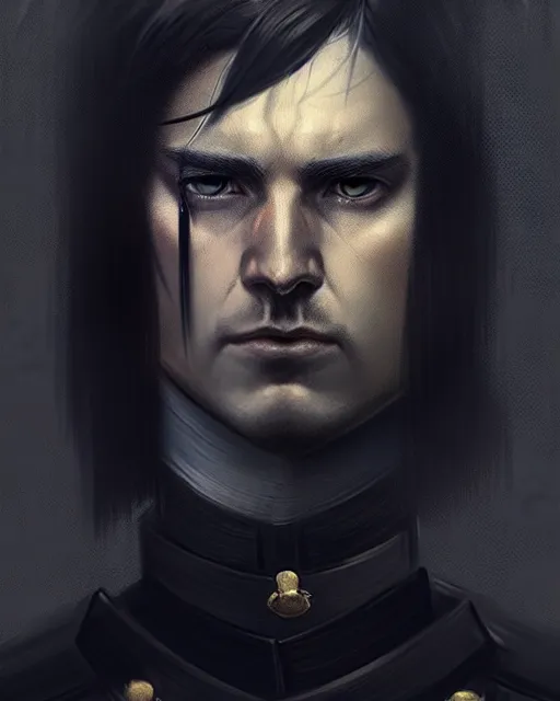 Prompt: realistic portrait of a young handsome war general in his black uniform, long hair, greg rutkowski, seb mckinnon, matte painting, delicate, facing the camera, mysterious, hyper realism, 1 4 5 0, ink, ultra realistic, 8 k