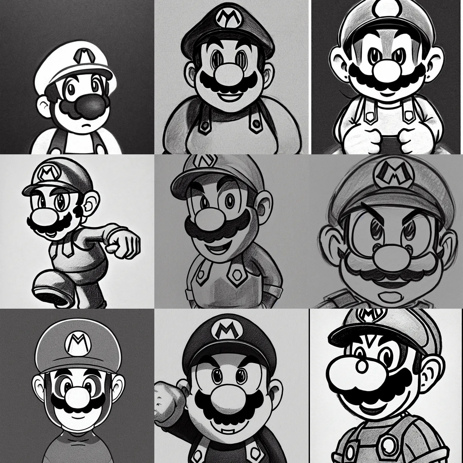 Prompt: epic pencil sketch of super mario, neutral focused gaze, striking sharp manga artstyle, muted shadows, concept art