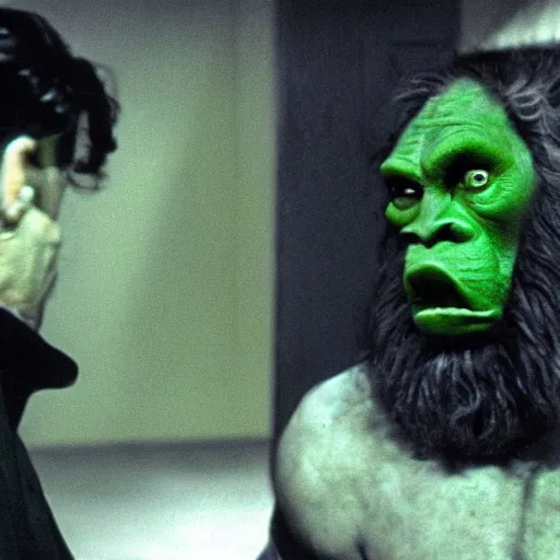 Image similar to green orc in the background kubrick staring at two men having a conversation in the foreground