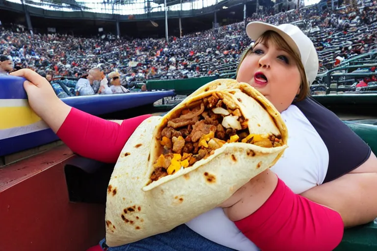 Image similar to obese woman eating a giant burrito sitting at a baseball game, photograph,