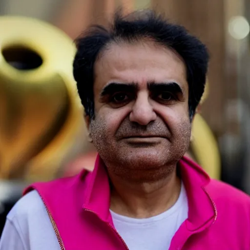 Image similar to jafar panahi, clean shaven, wearing an umbro pink tracksuit and gold necklace with large star shaped intricate gold medallion