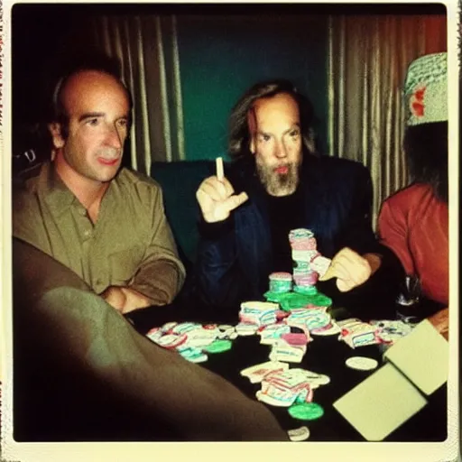 Prompt: 80s Polaroid flash photo, Saul Goodman playing poker with the taliban