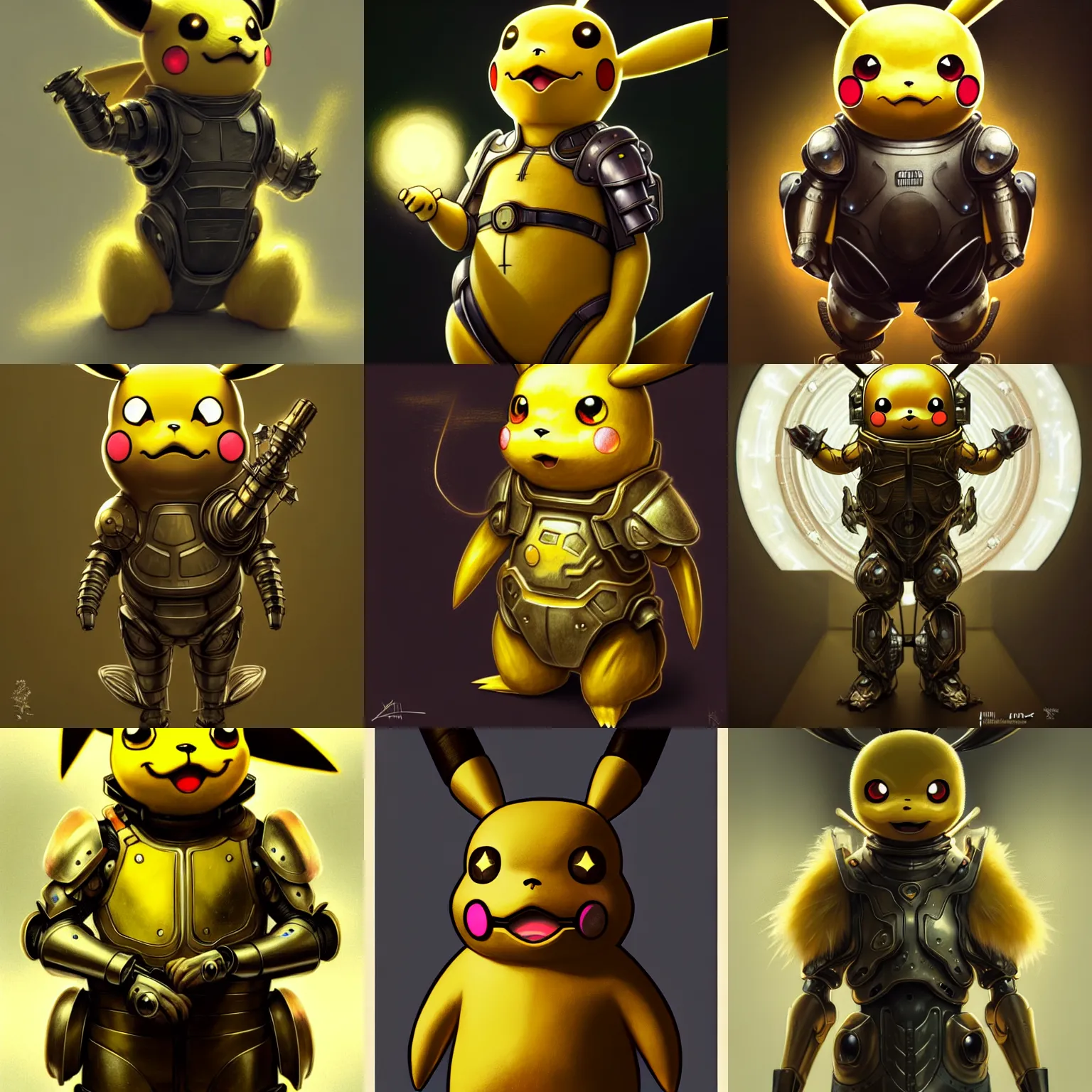 Prompt: anthropomorphic pikachu wearing sci fi armor, diffuse lighting, fantasy, intricate, elegant, highly detailed, lifelike, photorealistic, digital painting, artstation, illustration, concept art, smooth, sharp focus, art by john collier and albert aublet and krenz cushart and artem demura and alphonse mucha