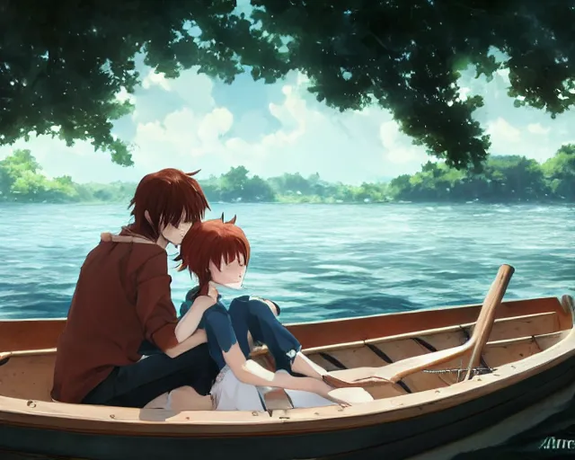 Prompt: a boy and a girl with long flowing auburn hair sitting together in a boat. Atmospheric lighting, long shot, romantic, boy and girl are the focus, trees, blue water. Anime. By Makoto Shinkai, Stanley Artgerm Lau, WLOP, Rossdraws, James Jean, Andrei Riabovitchev, Marc Simonetti, krenz cushart, Sakimichan, D&D trending on ArtStation, digital art.