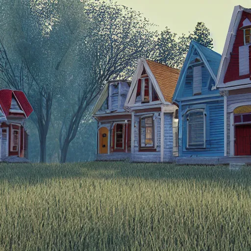 Image similar to clue houses, vaponpunk, sunset, 8k, soft light, ray tracing, wet ground