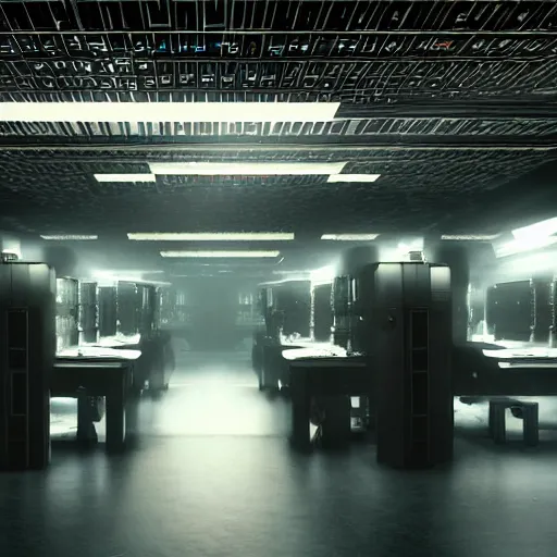 Prompt: dark server room with a lot of computers and a cropped seat in the middle of the frame, blade runner, highly detailed, photorealistic, hd, 8k.