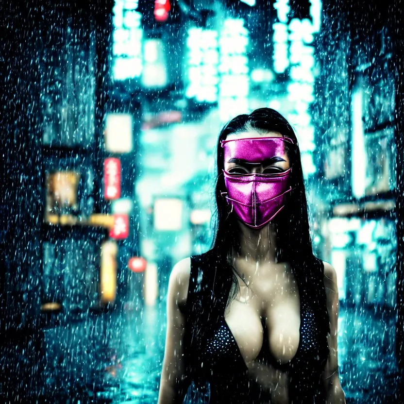 Prompt: a photo close up cyberpunk kubuki masked woman dancing in the rain, cyberpunk hiroshima, prefecture streets, midnight, photorealistic, cinematic lighting, highly detailed, bokeh, style by tomino - sama