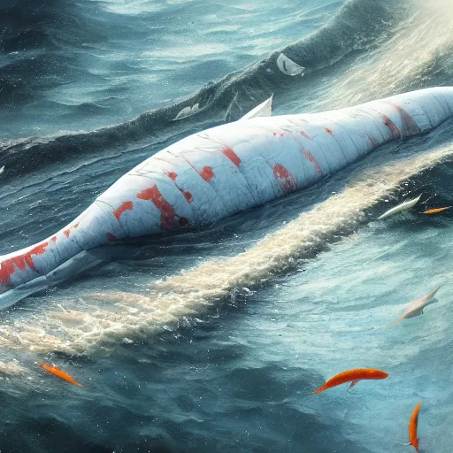 Image similar to subsurface scattering, white, giant submarine, koi colors, koi not shown, octane render, jesper ejsing, justin gerard, james jean, tomasz alen kopera, cgsociety, fenghua zhong, makoto shinkai, highly detailed, rim light, art, cinematic lighting, very coherent, hyper realism, 8 k