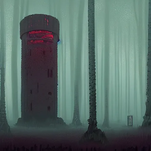 Image similar to monumental old ruins tower of a dark misty forest, overcast, sci - fi digital painting by simon stalenhag