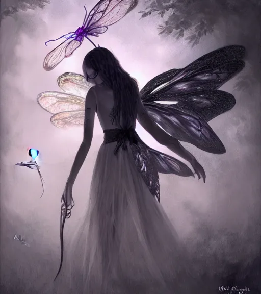 Image similar to gothic fairy with dragonfly wings, digital painting, liminal eerie midnight backlit, a picture taken by Michael Komarck