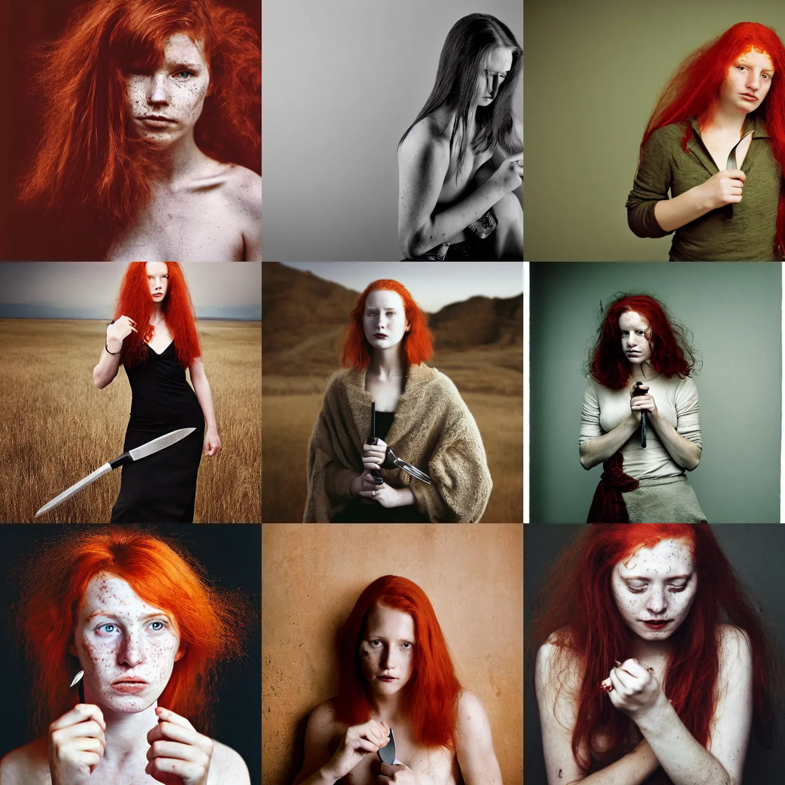 Prompt: a 2 0 year old woman holding a knife by annie leibovitz, red hair, freckles