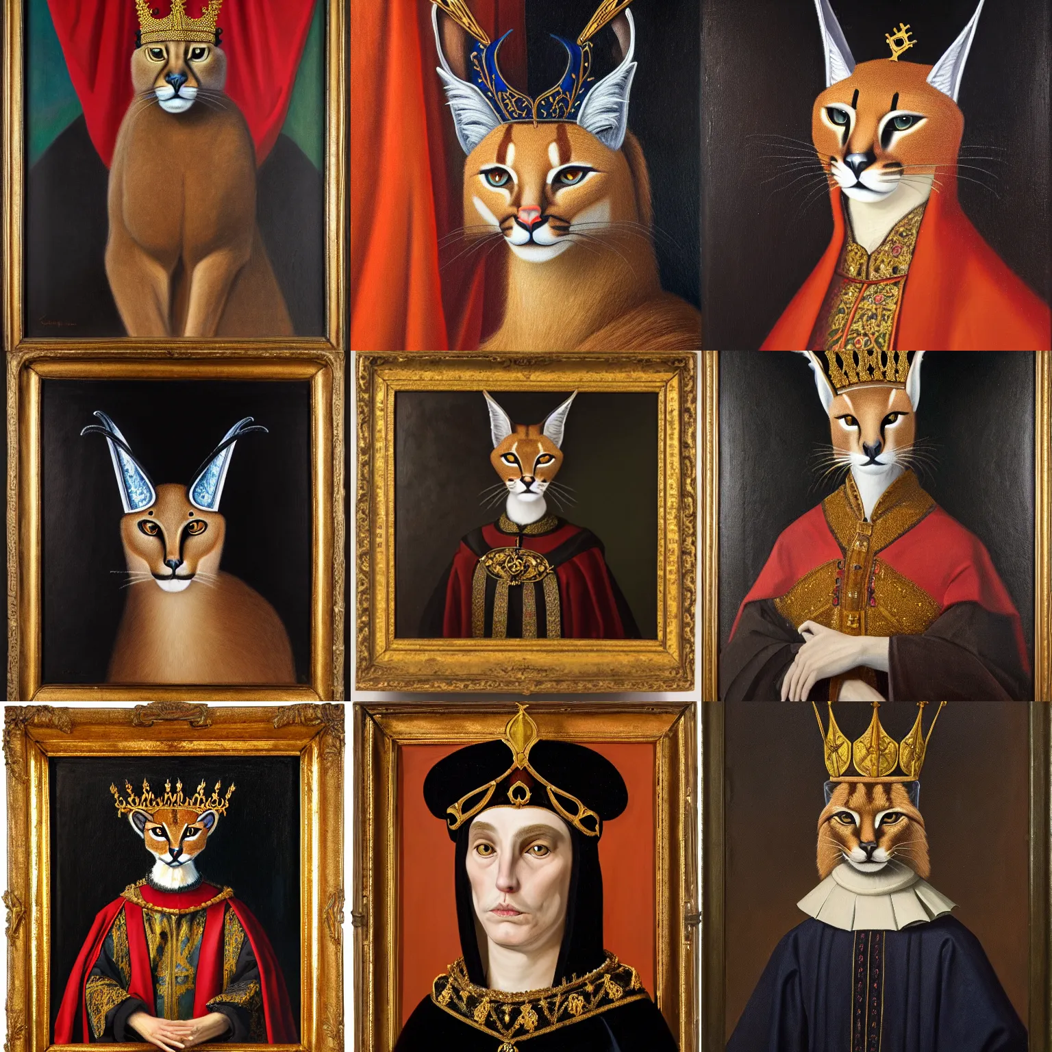 Prompt: an oil painting portrait of a caracal wearing medieval royal robes and an ornate crown on a dark background