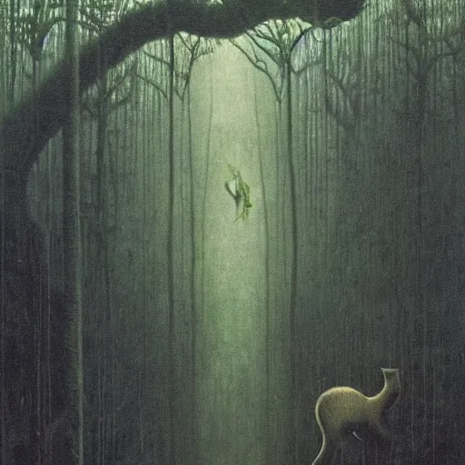 Image similar to An evil cat inside a rainforest, eerie, by Beksinski