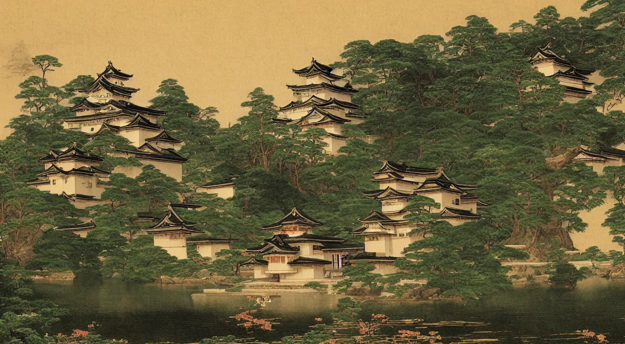 Image similar to a Japanese castle, by Thomas Cole