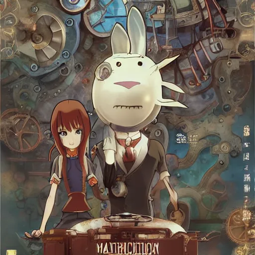 Image similar to film still Mechancial Bunny, a steampunk anime about scientists creating a mechanical bunny, art by Dice Tsutsumi, Makoto Shinkai, Studio Ghibli, playstation 2 printed game poster cover, cover art, poster, poster!!!