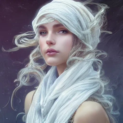 Prompt: portrait of a girl wearing white scarf, silver long curly hair, watery eyes, leopard ears, fantasy, intricate, elegant, highly detailed, digital painting, artstation, concept art, smooth, sharp focus, illustration, art by artgerm and greg rutkowski and alphonse mucha