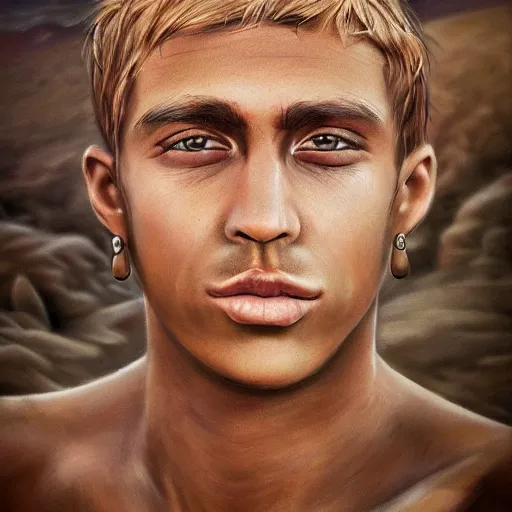 Image similar to a detailed portrait of a tan boy with a small face tattoo in the desert, fantasy art illustration, incredibly highly detailed and realistic, 8 k, sharp focus